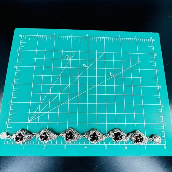 Amber Cabochon Textured Designed Link Bracelet Magnetic Clasp Over Silver Plated - Picture 7 of 10